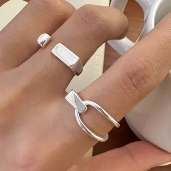 Корейски модерен пръстен на пръста си сребрист цвят за жени, изчистен креативен дизайн, геометрични кръст, бижута подарък за рожден ден